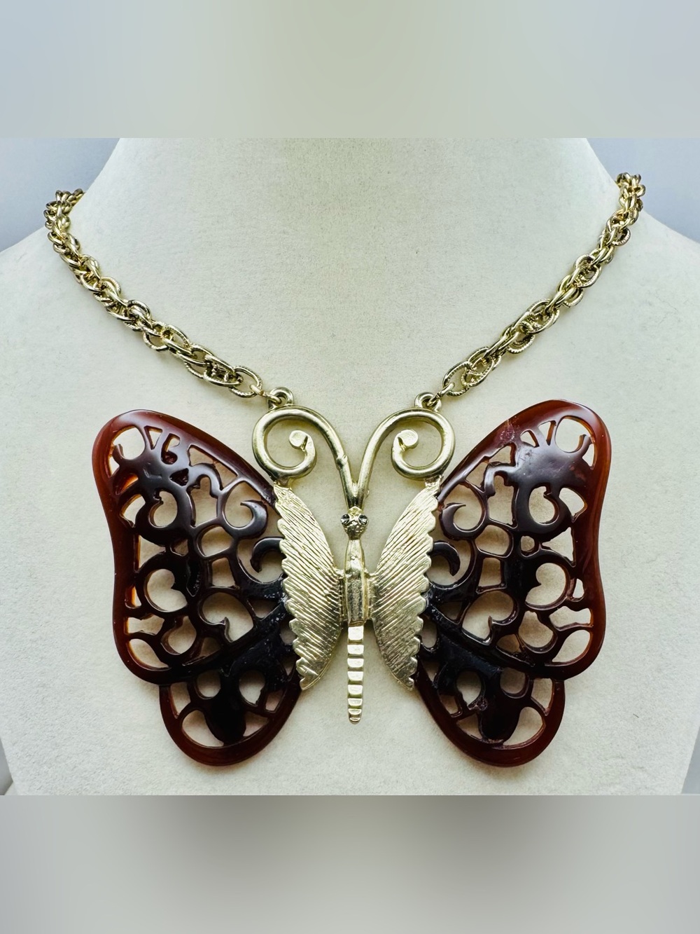 Anthropologie Large Butterfly Long Necklace Gold Tone REPAIRED